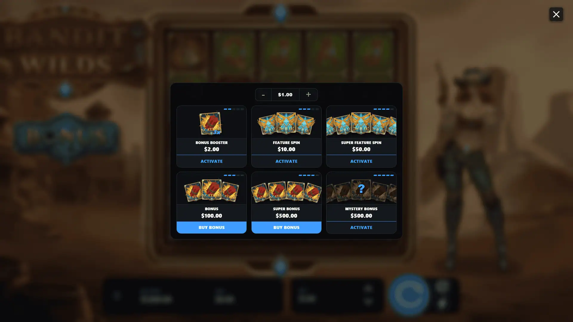 Bandit Wilds bonus buy menu