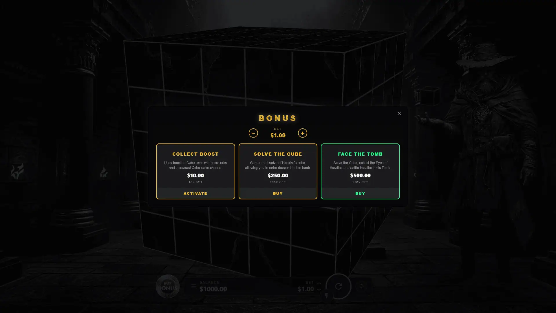 Secret of Horalim's Tomb bonus buy menu