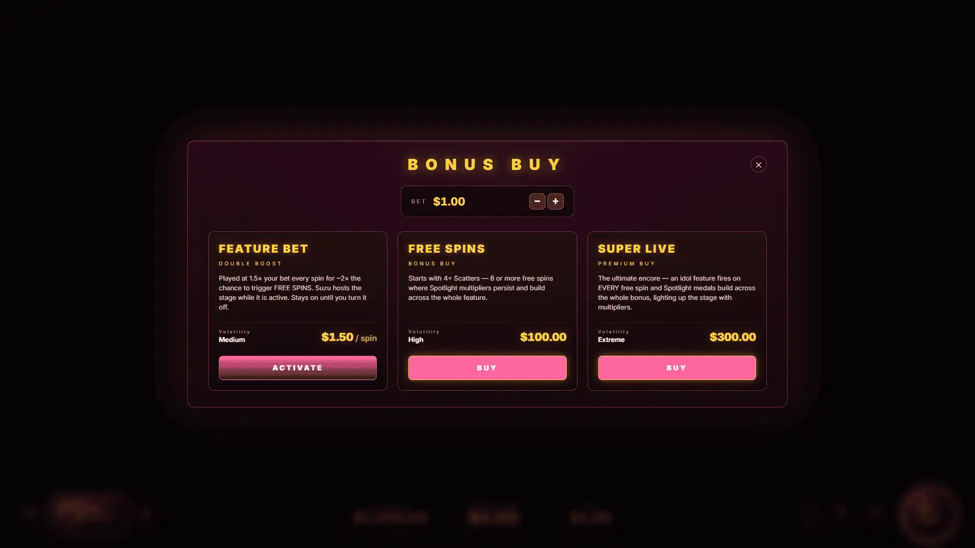GOGO Idols! bonus buy menu