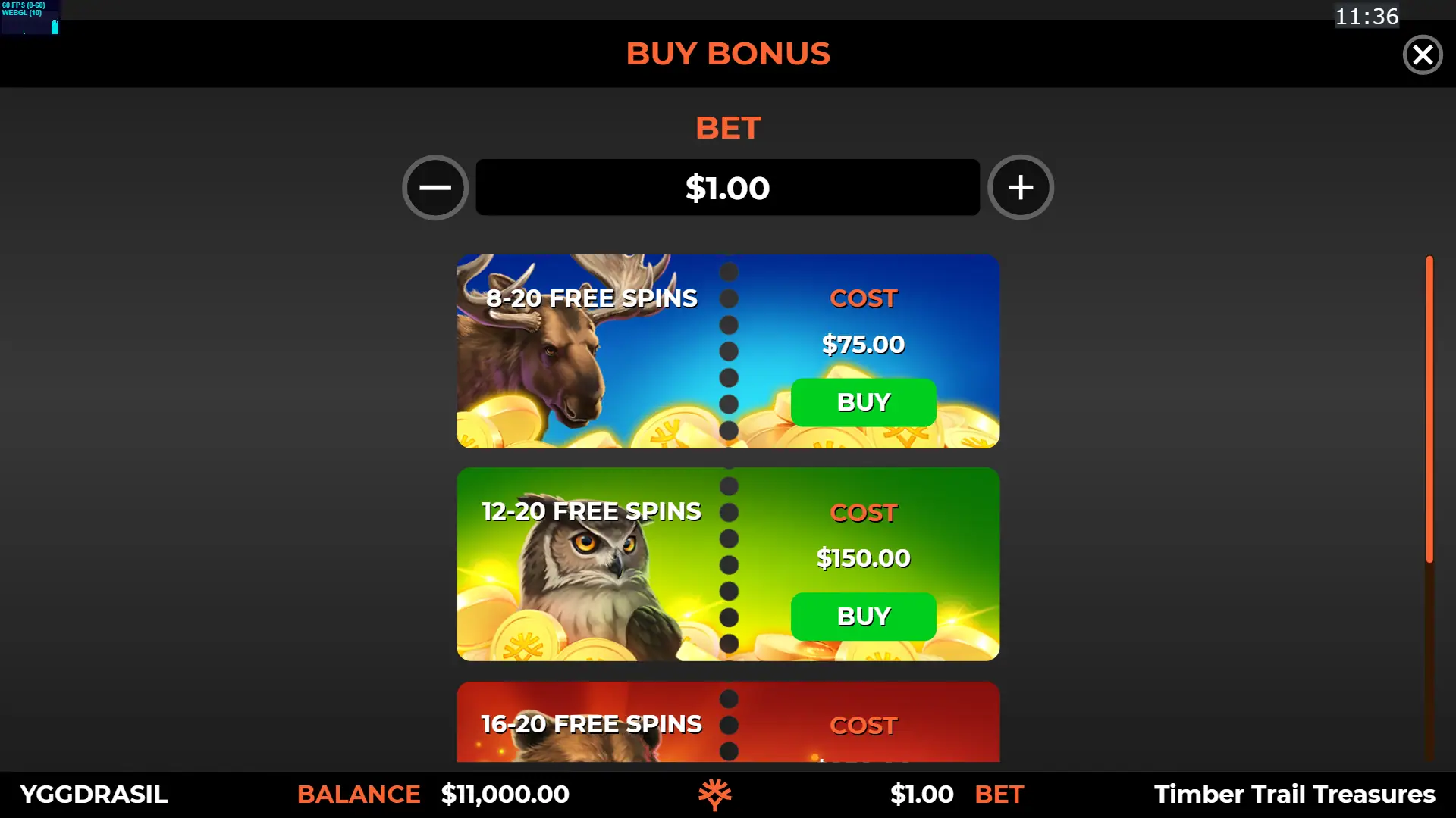 Timber Trail Treasures bonus buy menu