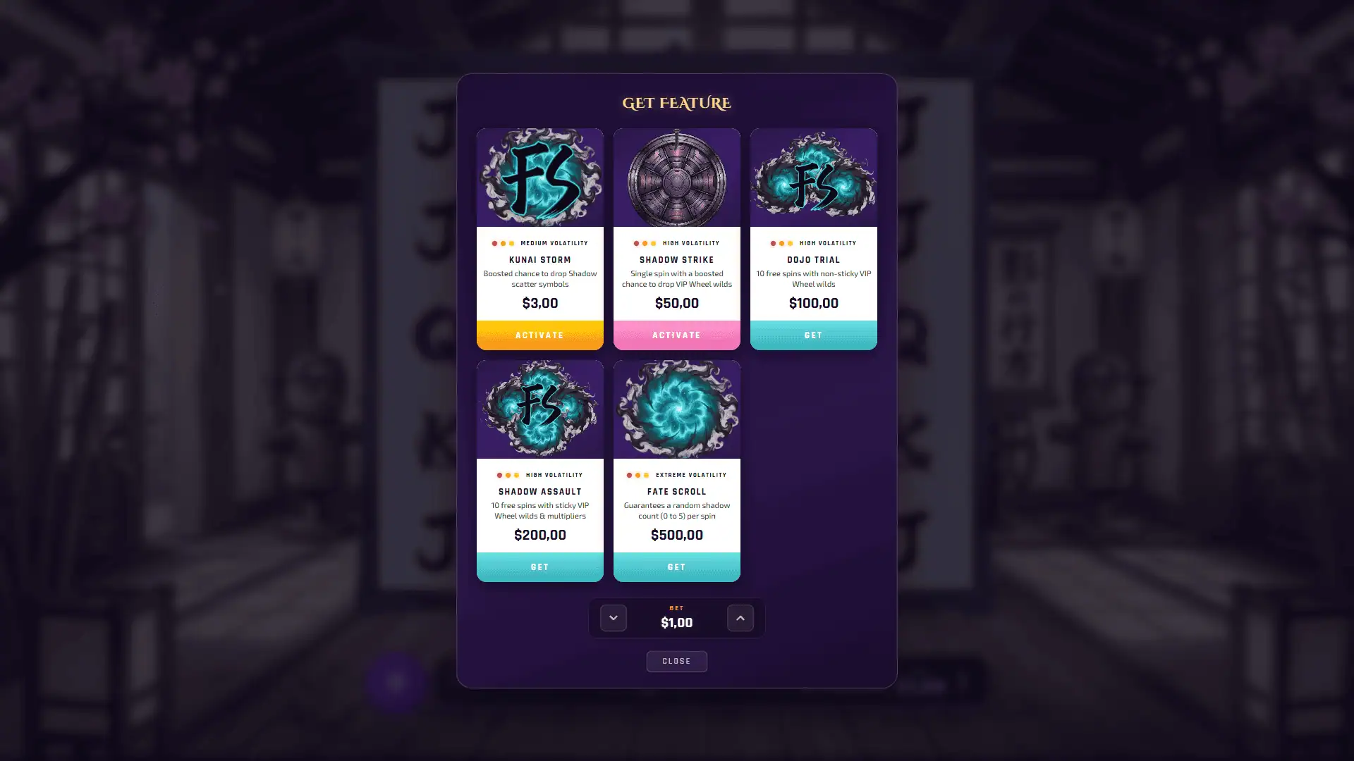 Ninja Shadow bonus buy menu