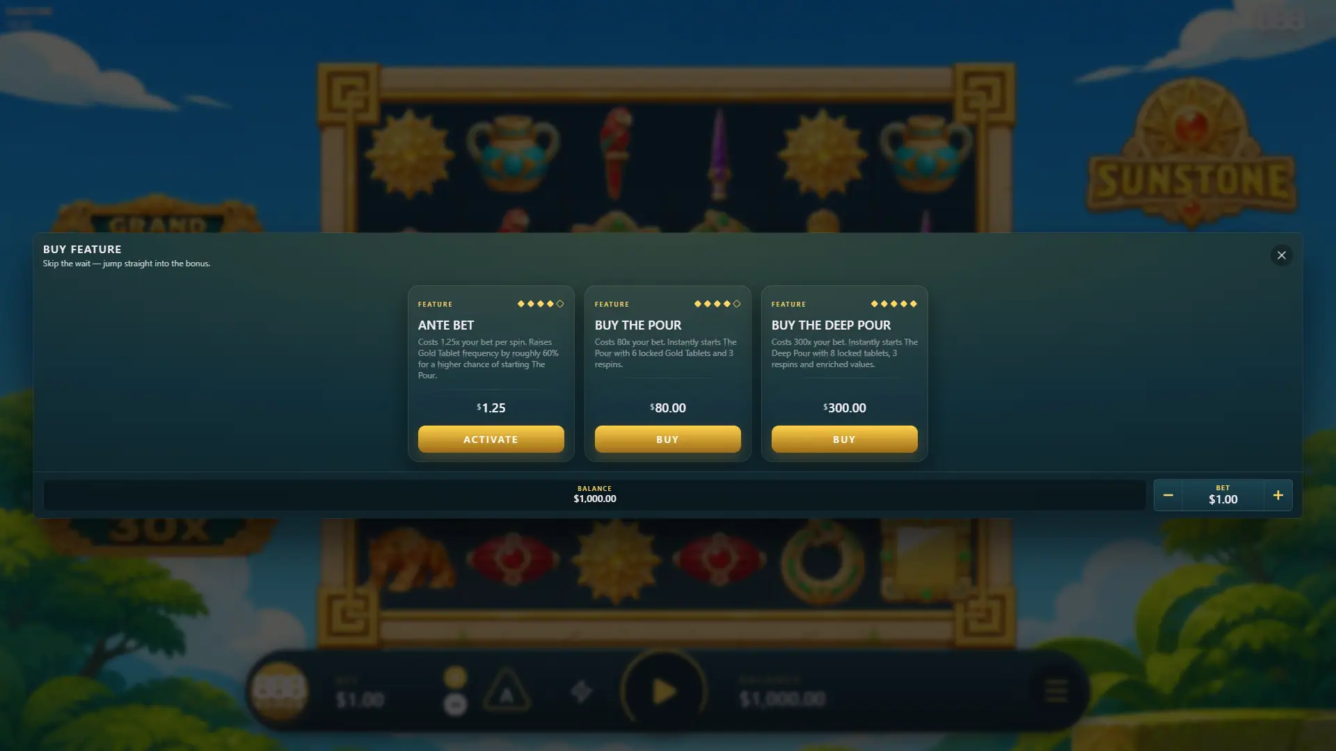 Sunstone bonus buy menu