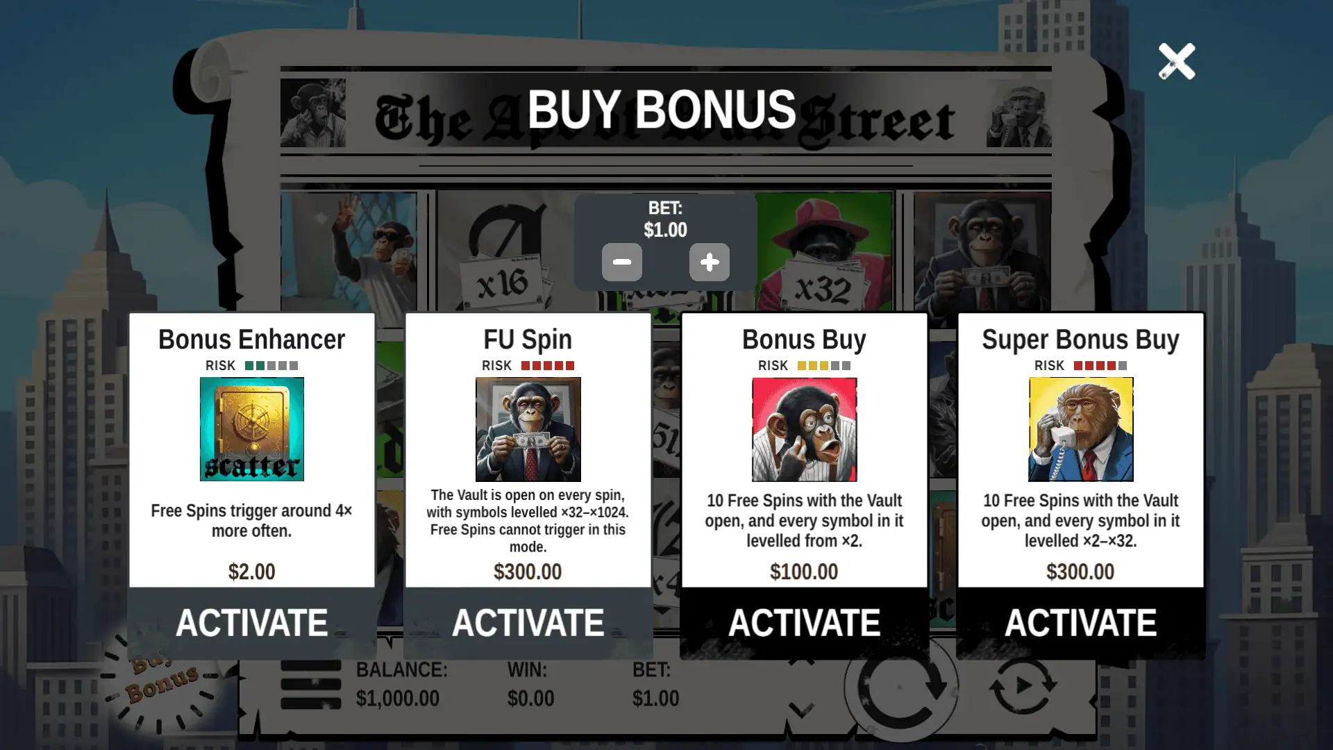 The Ape of Wall Street bonus buy menu
