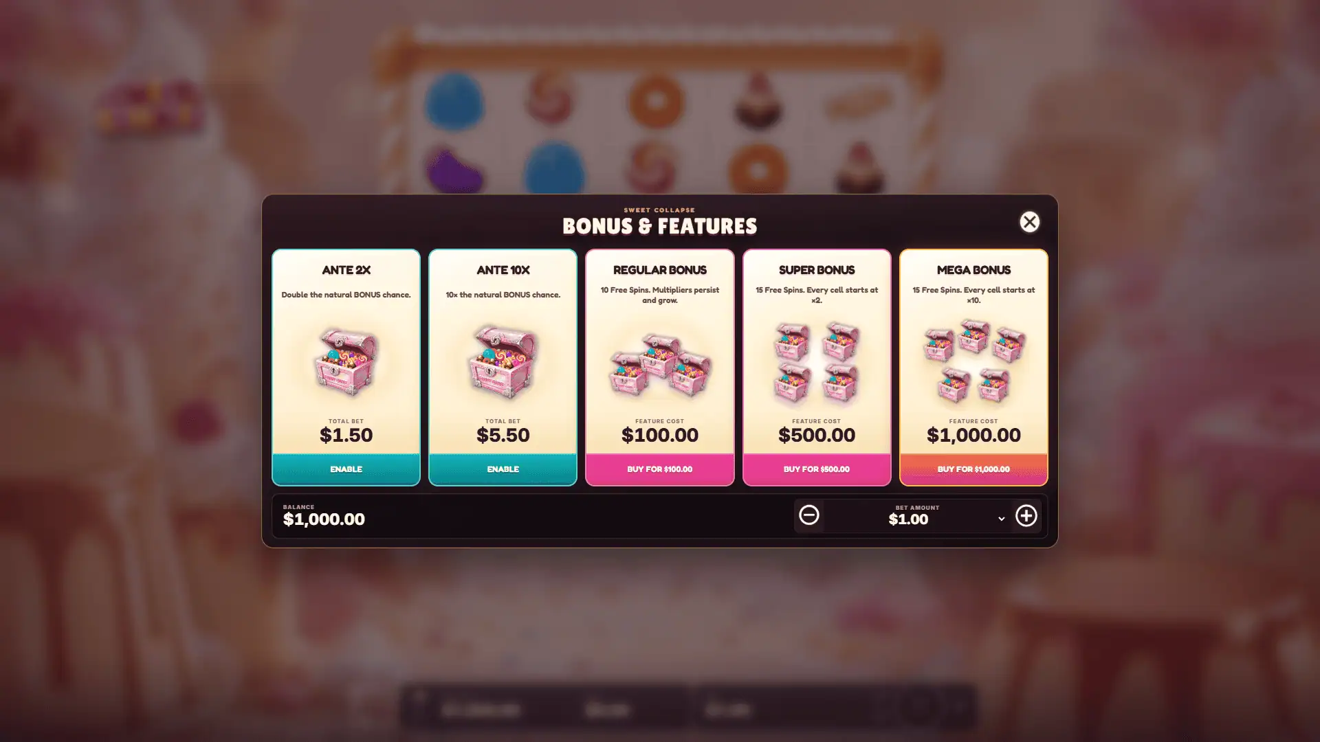 Sweet Collapse bonus buy menu