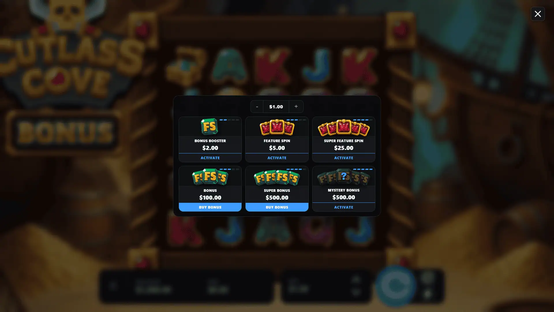 Cutlass Cove bonus buy menu