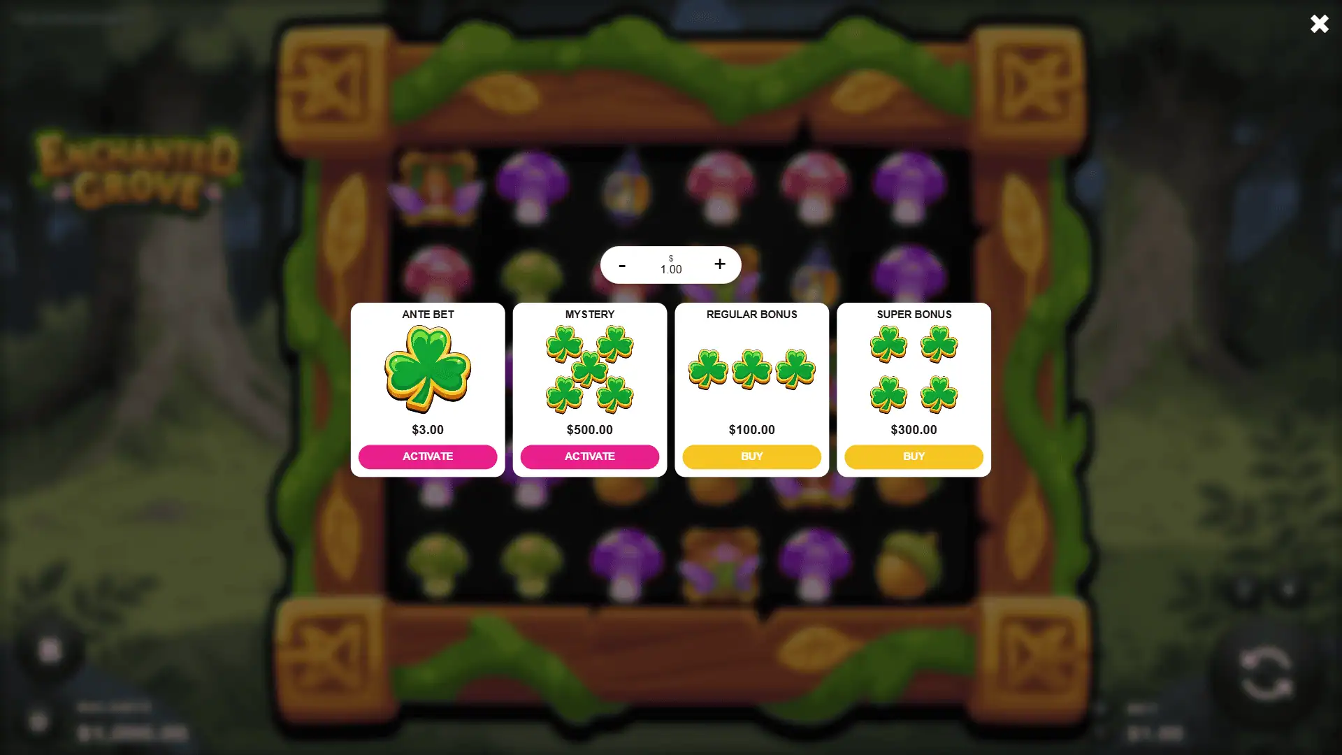 Enchanted Grove bonus buy menu