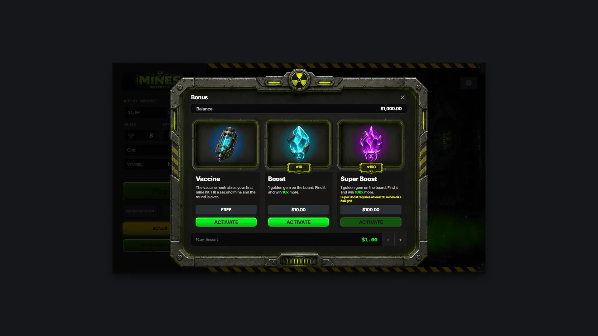 Mines Hazard Zone bonus buy menu