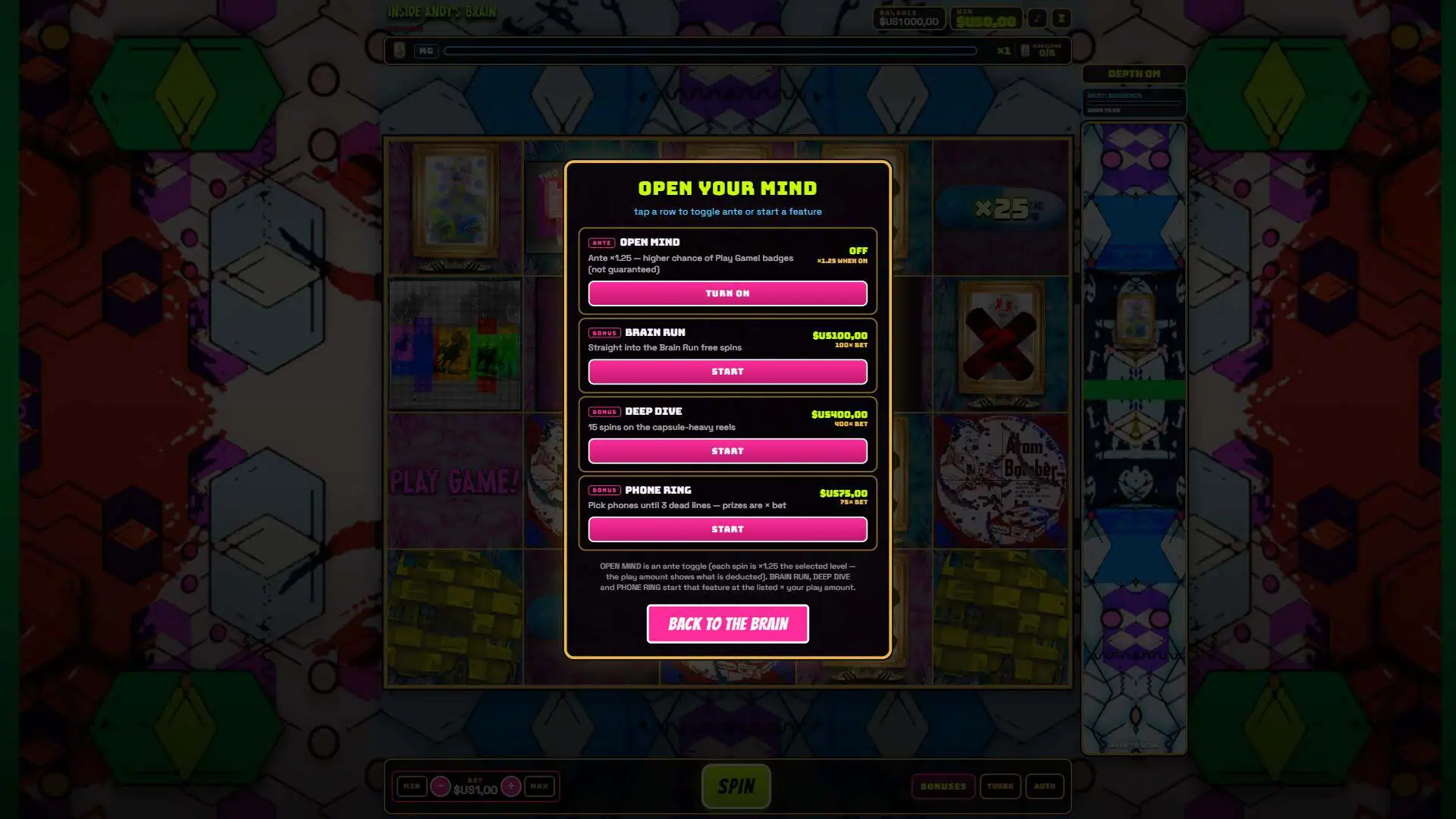 Inside Andy's Brain bonus buy menu