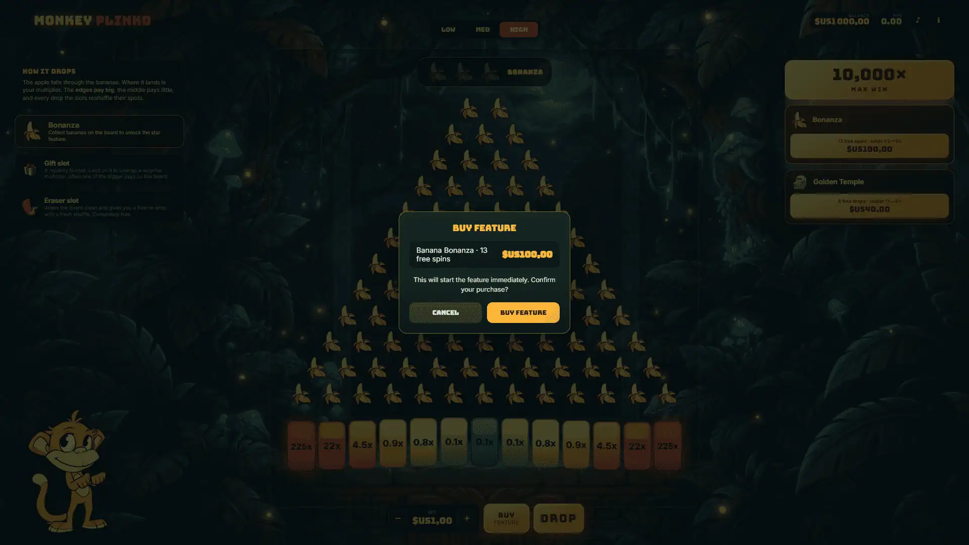 Monkey Plinko bonus buy menu