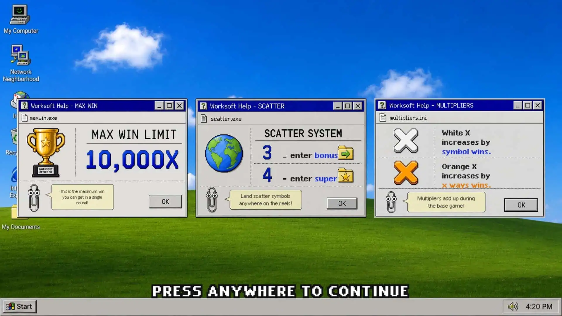 WORK.EXE slot intro screen