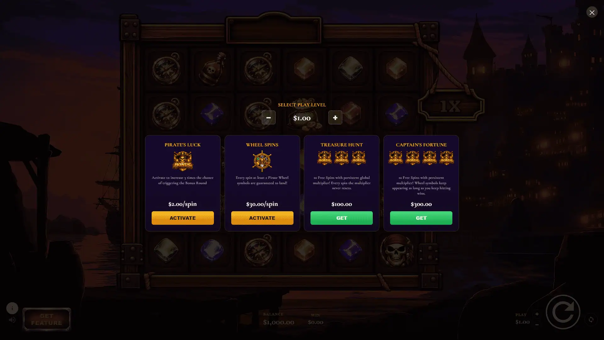 Pirate Gold Wheel bonus buy menu