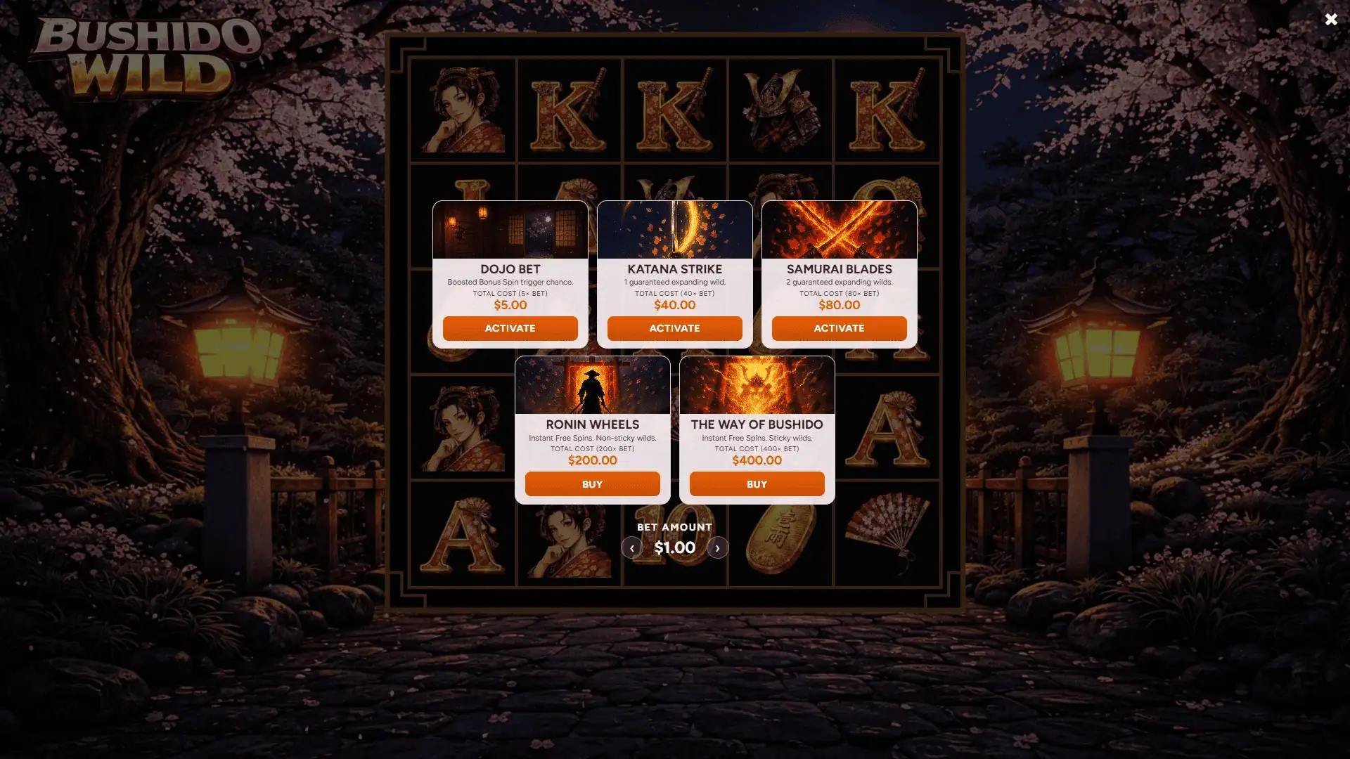 Bushido Wild bonus buy menu