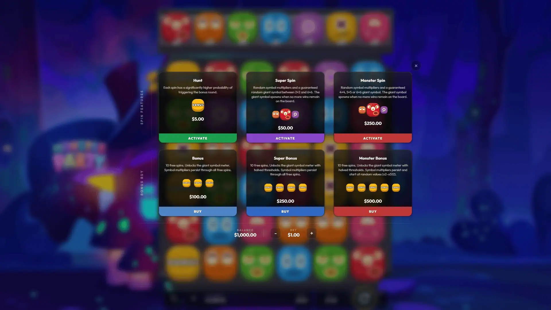 Monster Party bonus buy menu