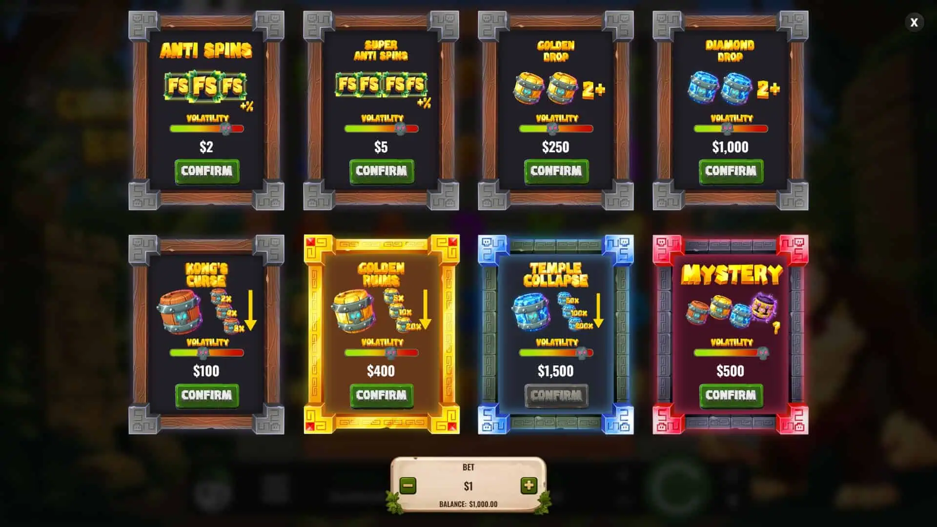 Curse of Kong bonus buy menu