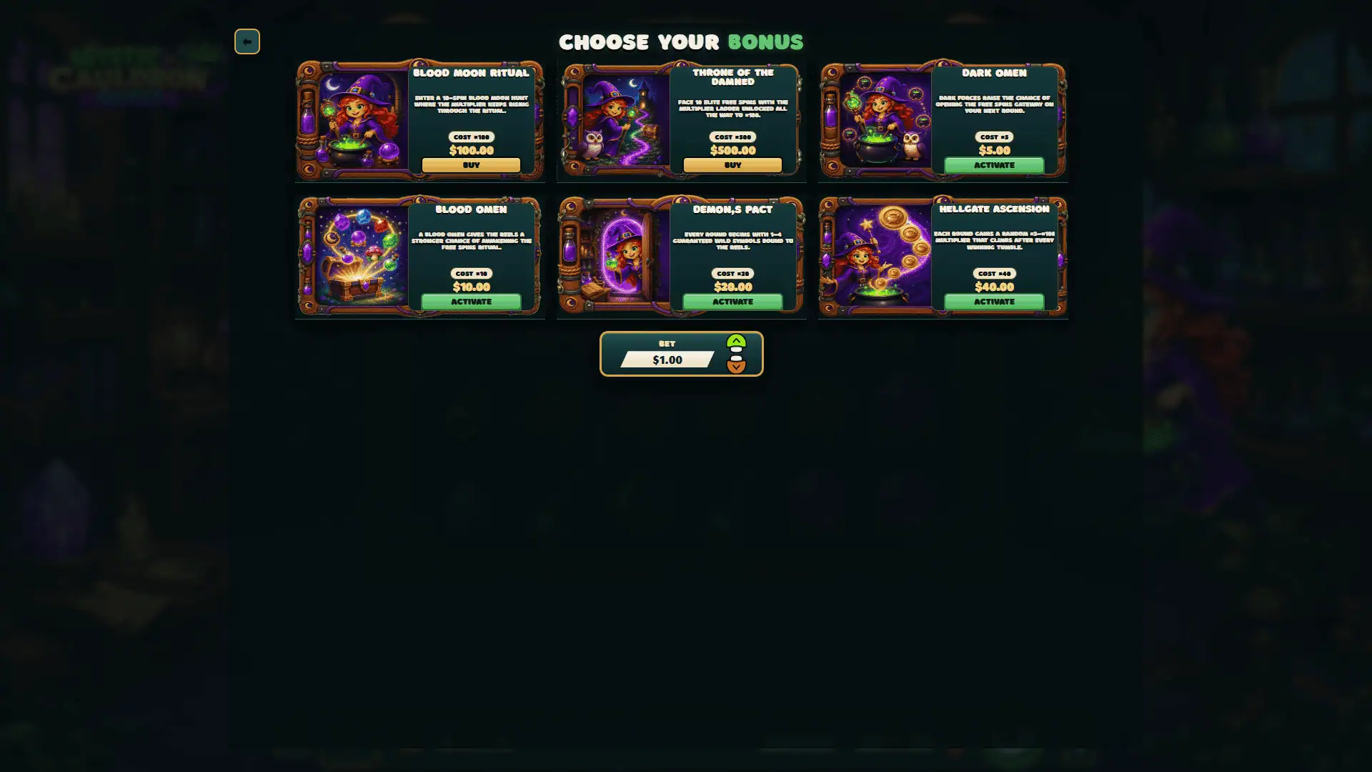 Mystic Cauldron Quest bonus buy menu
