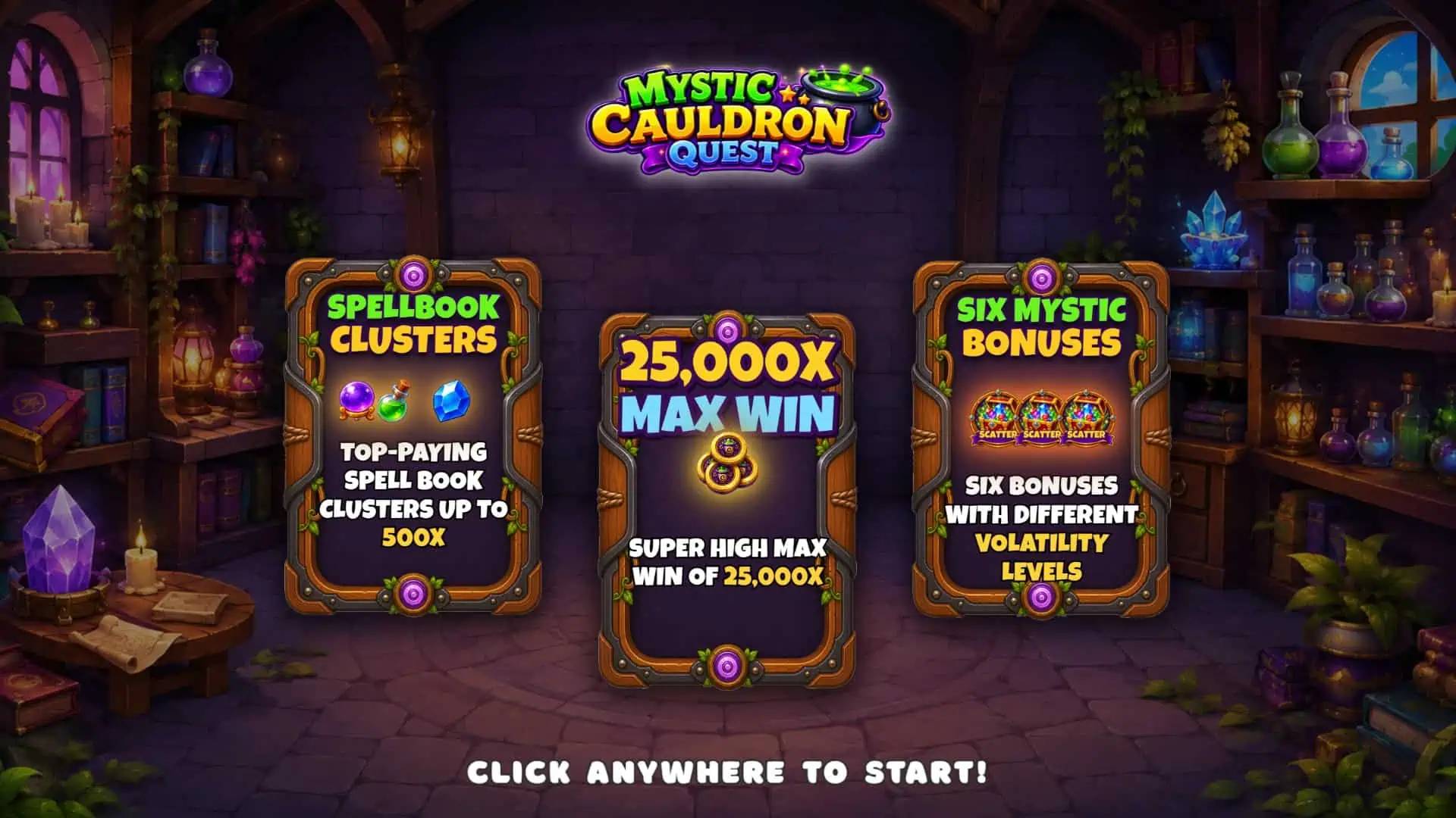 Mystic Cauldron Quest slot intro screen