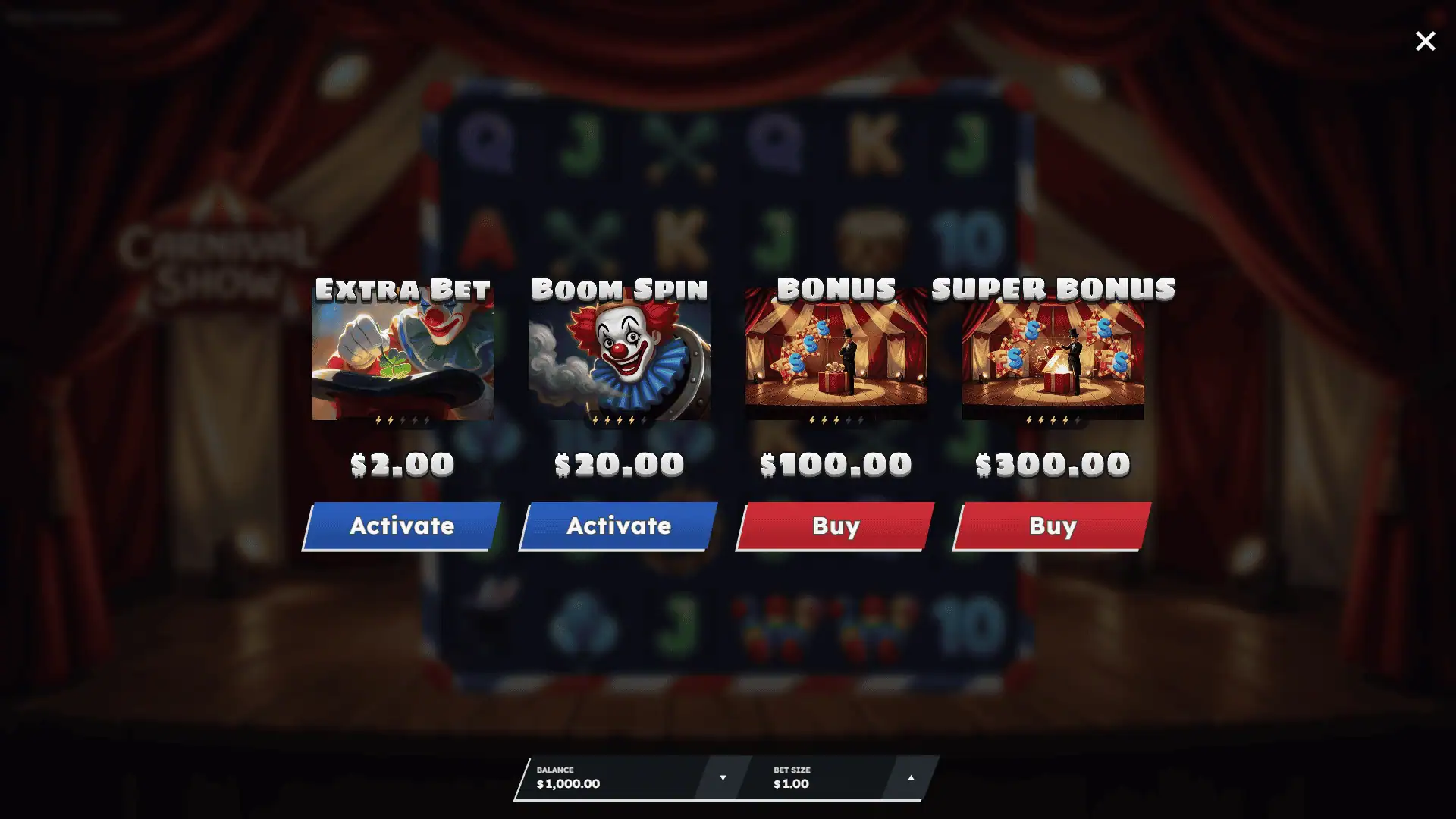 Carnival Show bonus buy menu