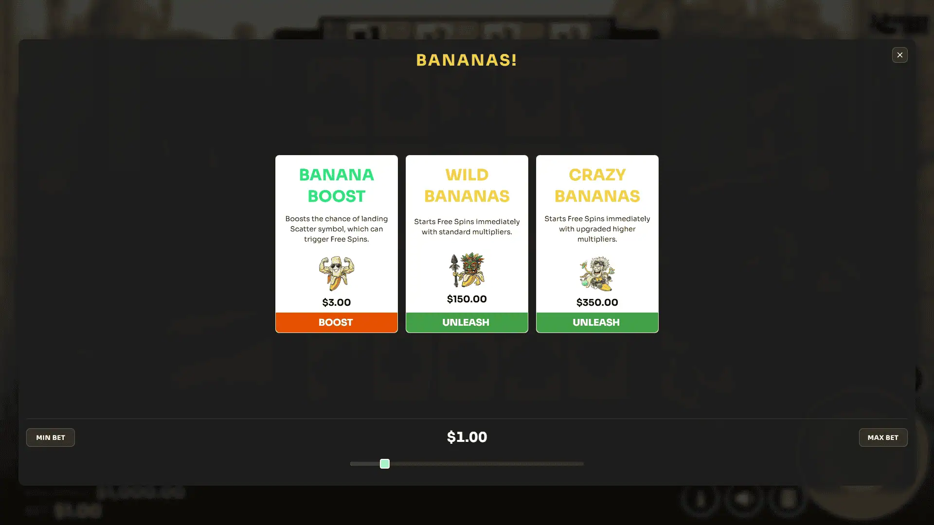 Banana Bandits bonus buy menu