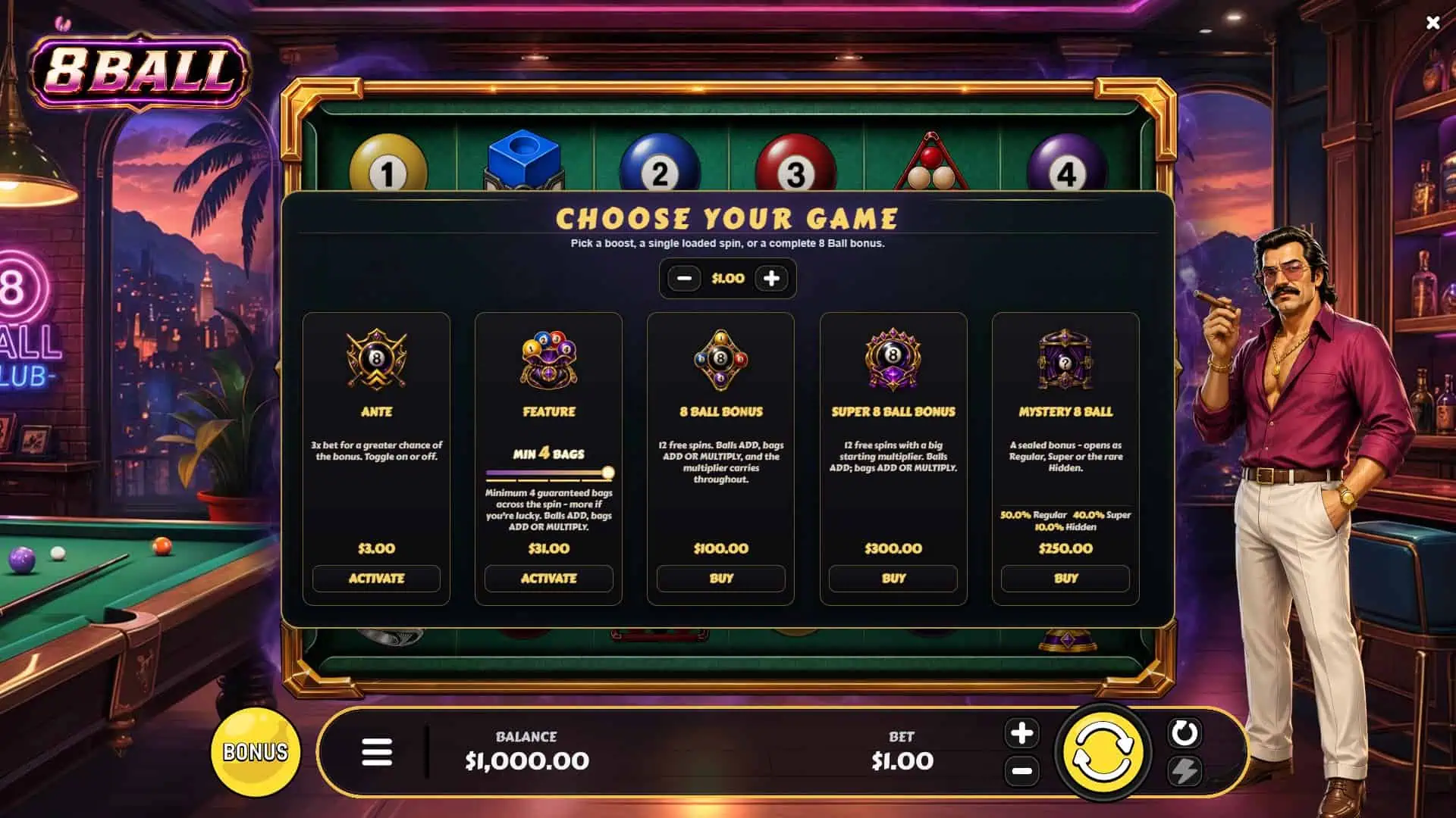 8 Ball bonus buy menu