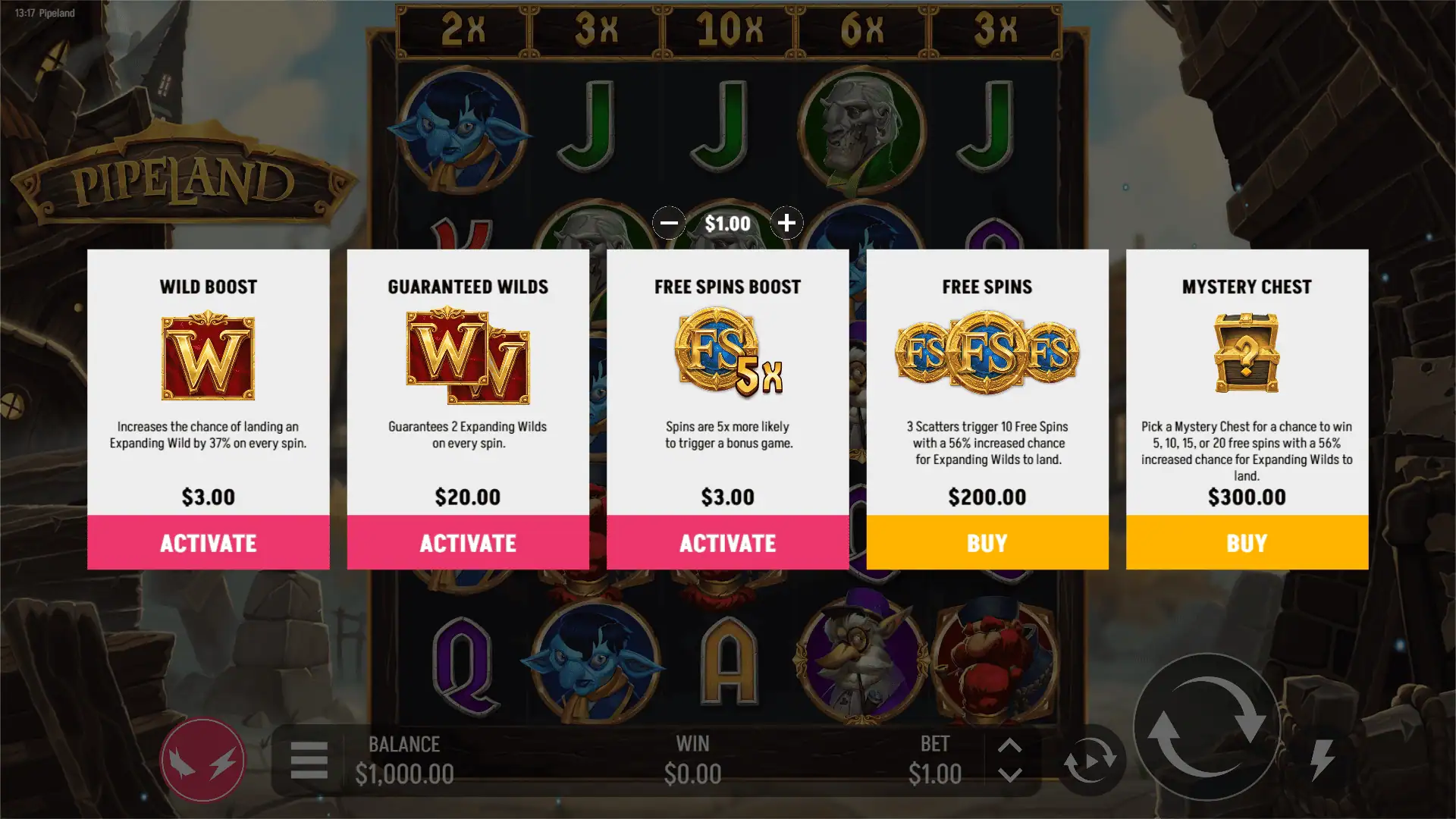 The Pipeland bonus buy menu