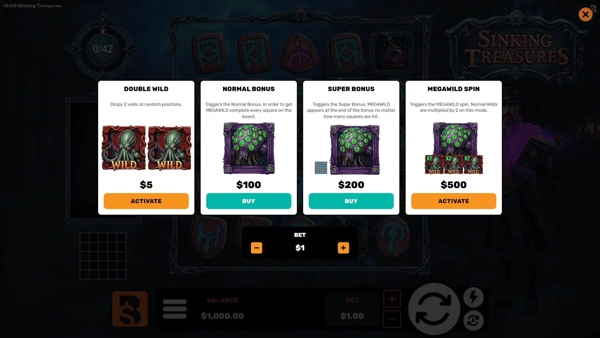 Sinking Treasures bonus buy menu