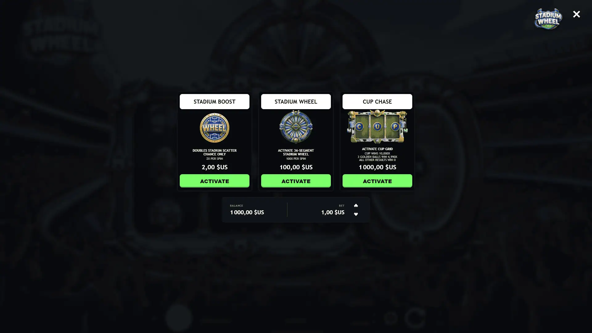 Stadium Wheel bonus buy menu