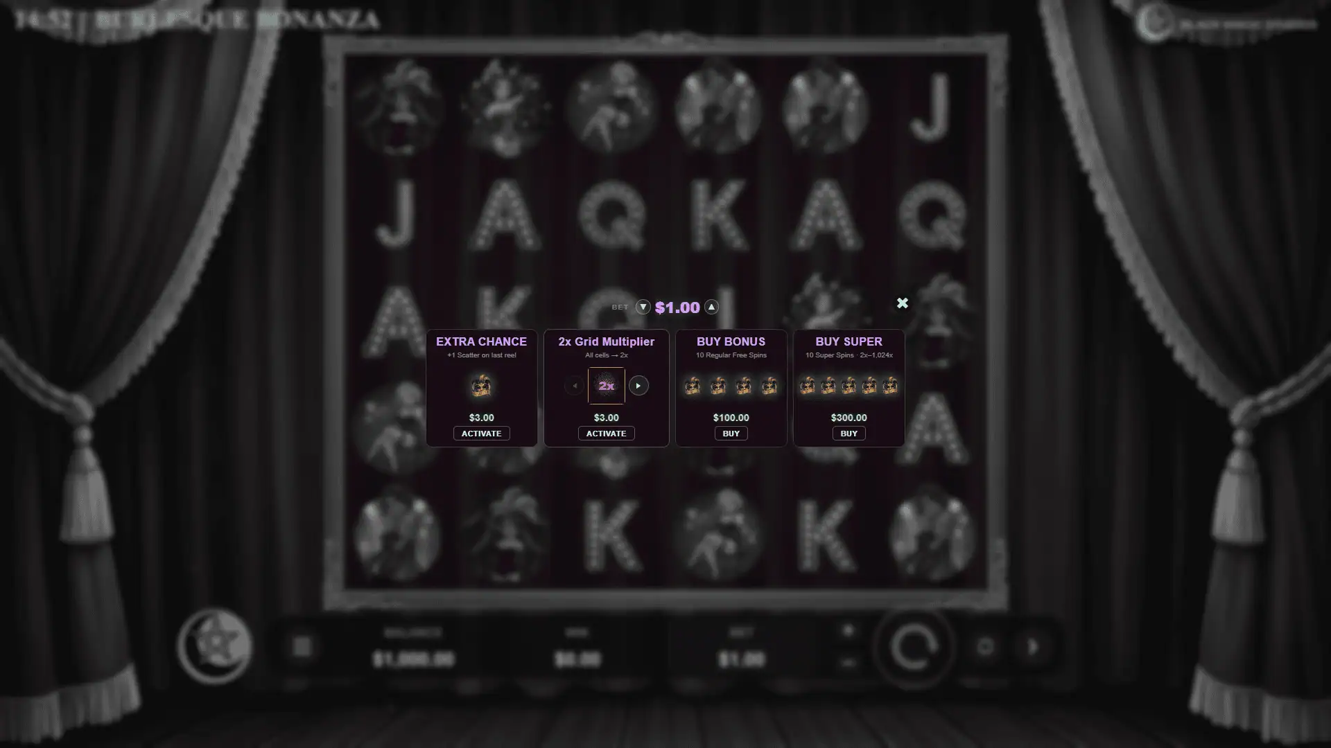 Burlesque Bonanza bonus buy menu