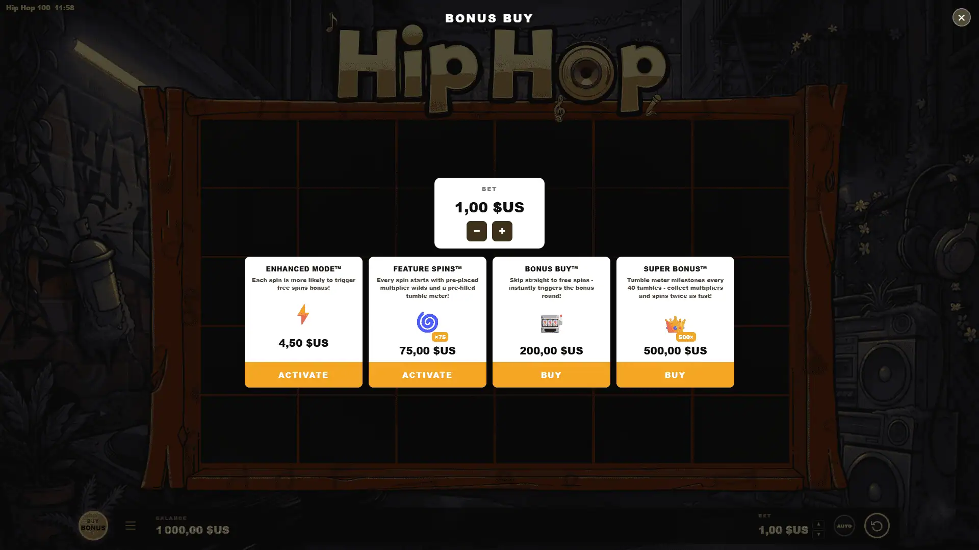 Hip Hop 101 bonus buy menu