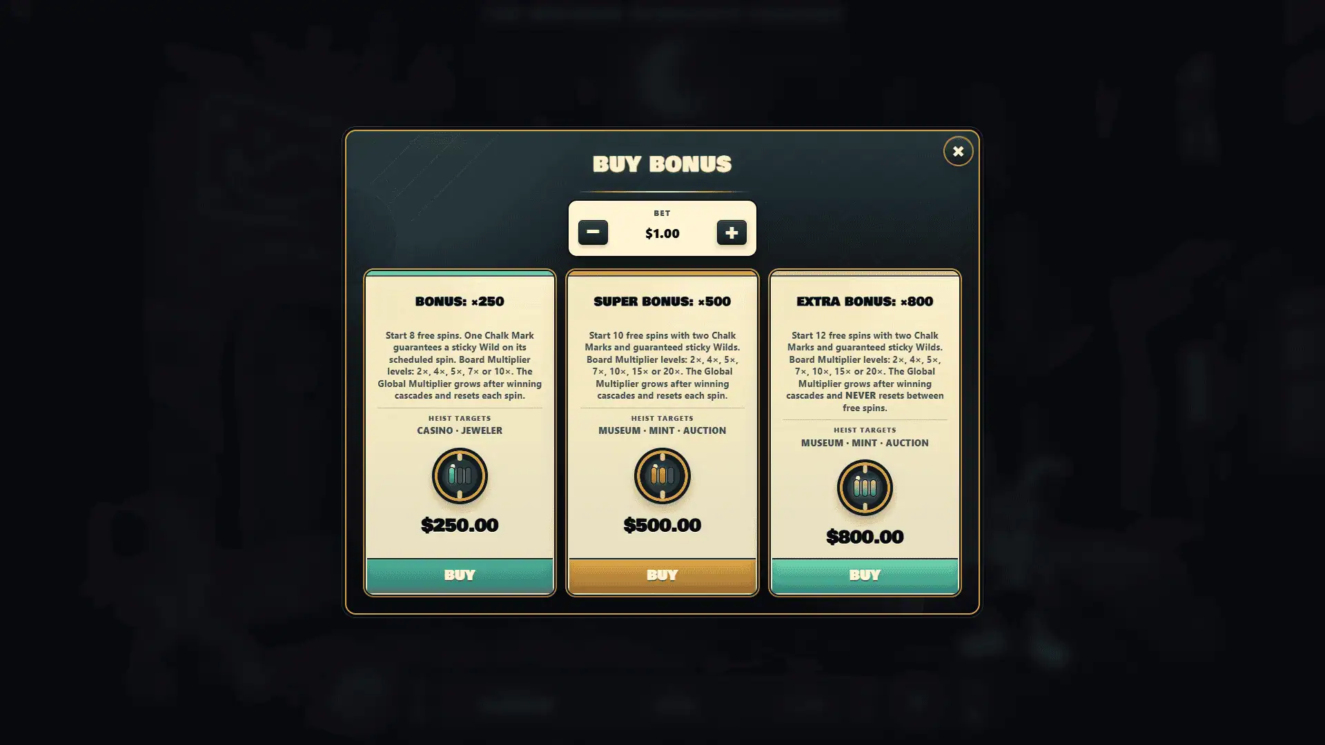 Whisker Syndicate Cascade bonus buy menu