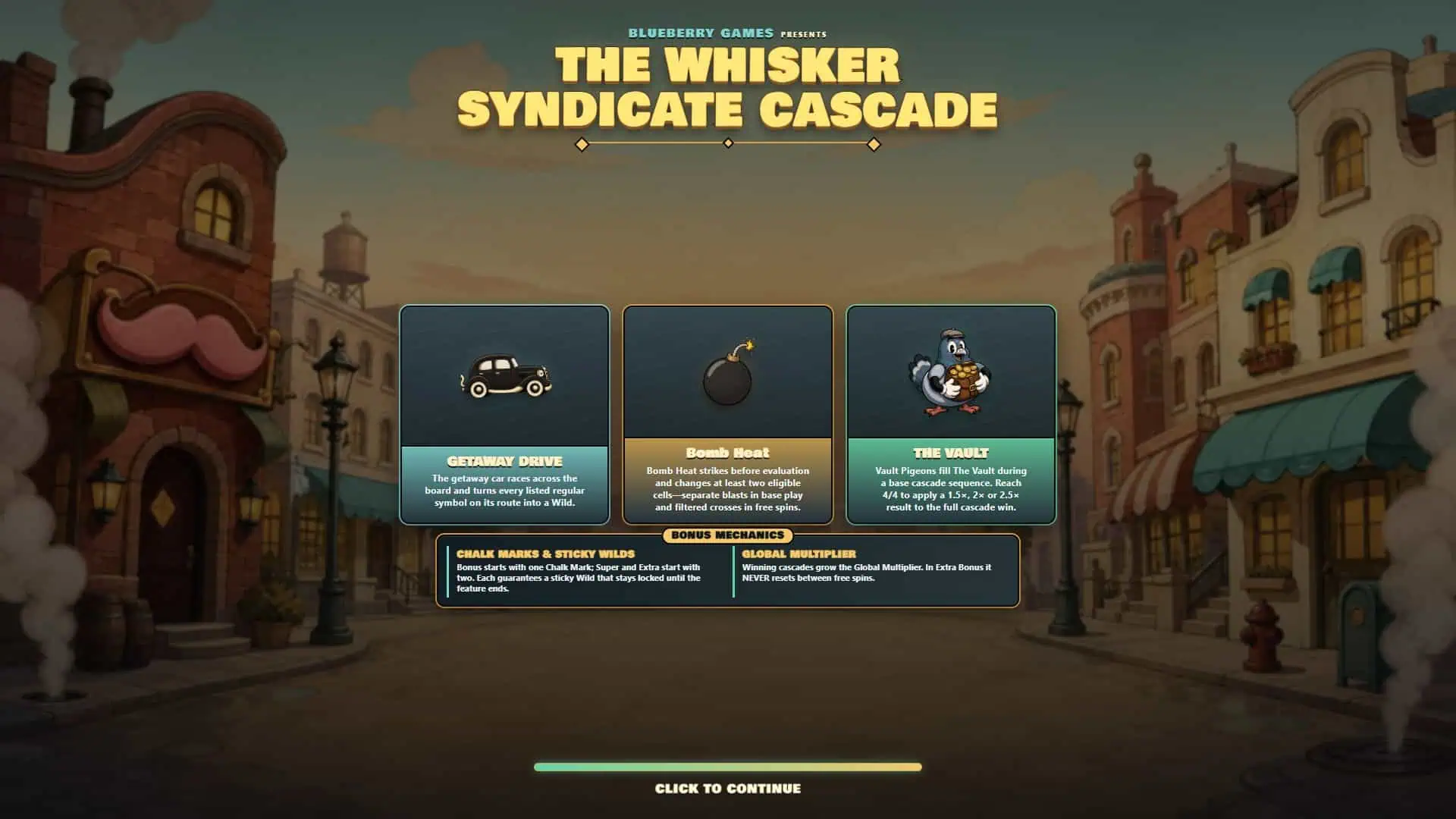 Whisker Syndicate Cascade slot intro screen