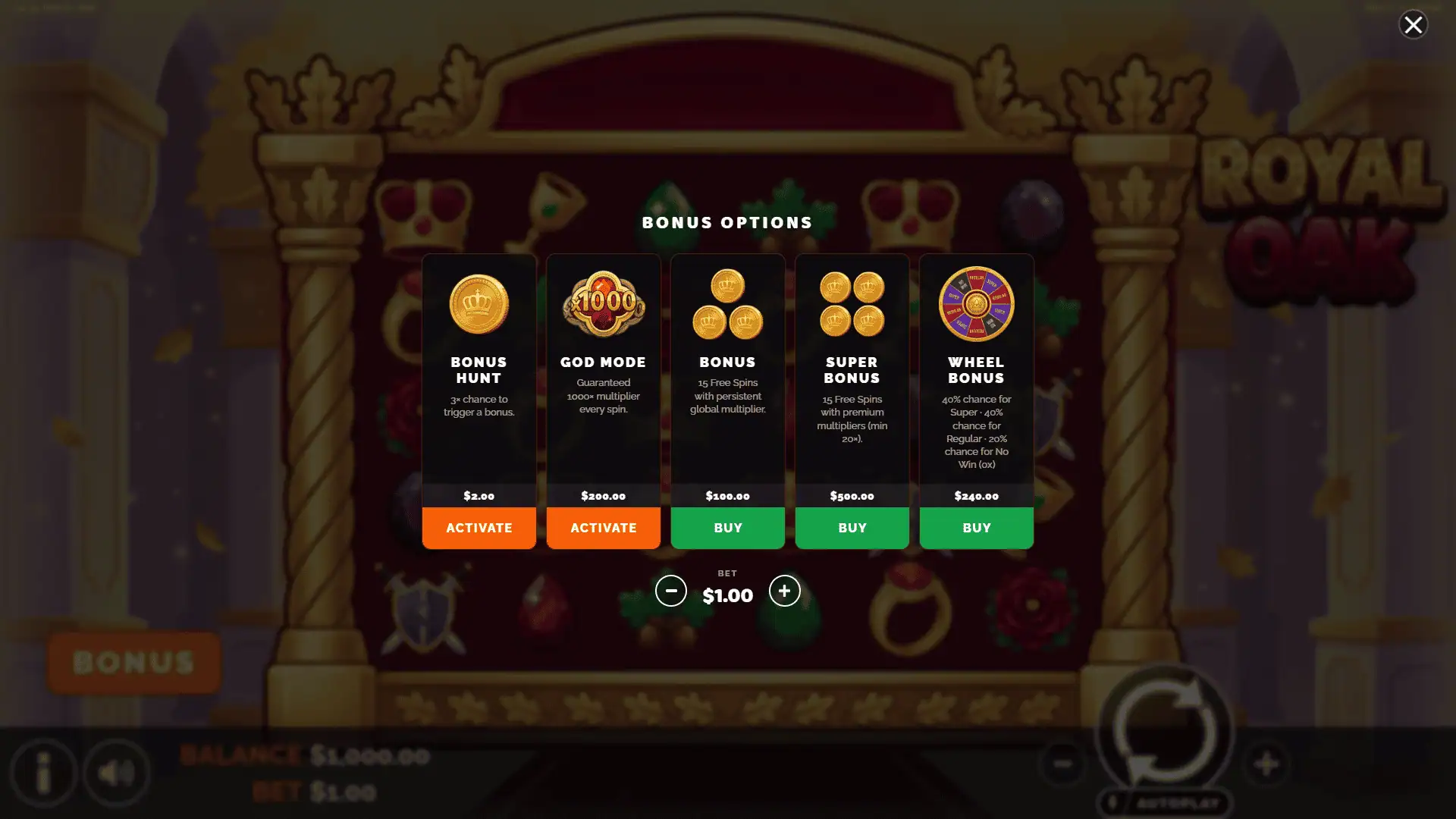 Royal Oak slot gameplay reels