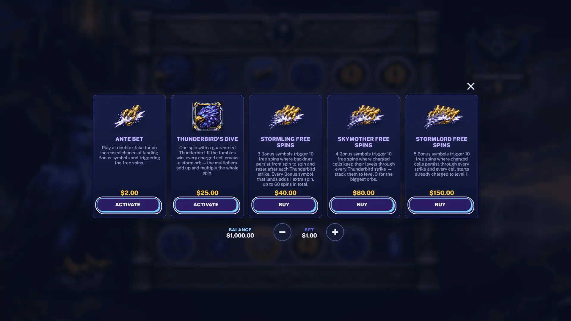 Storm Roost bonus buy menu