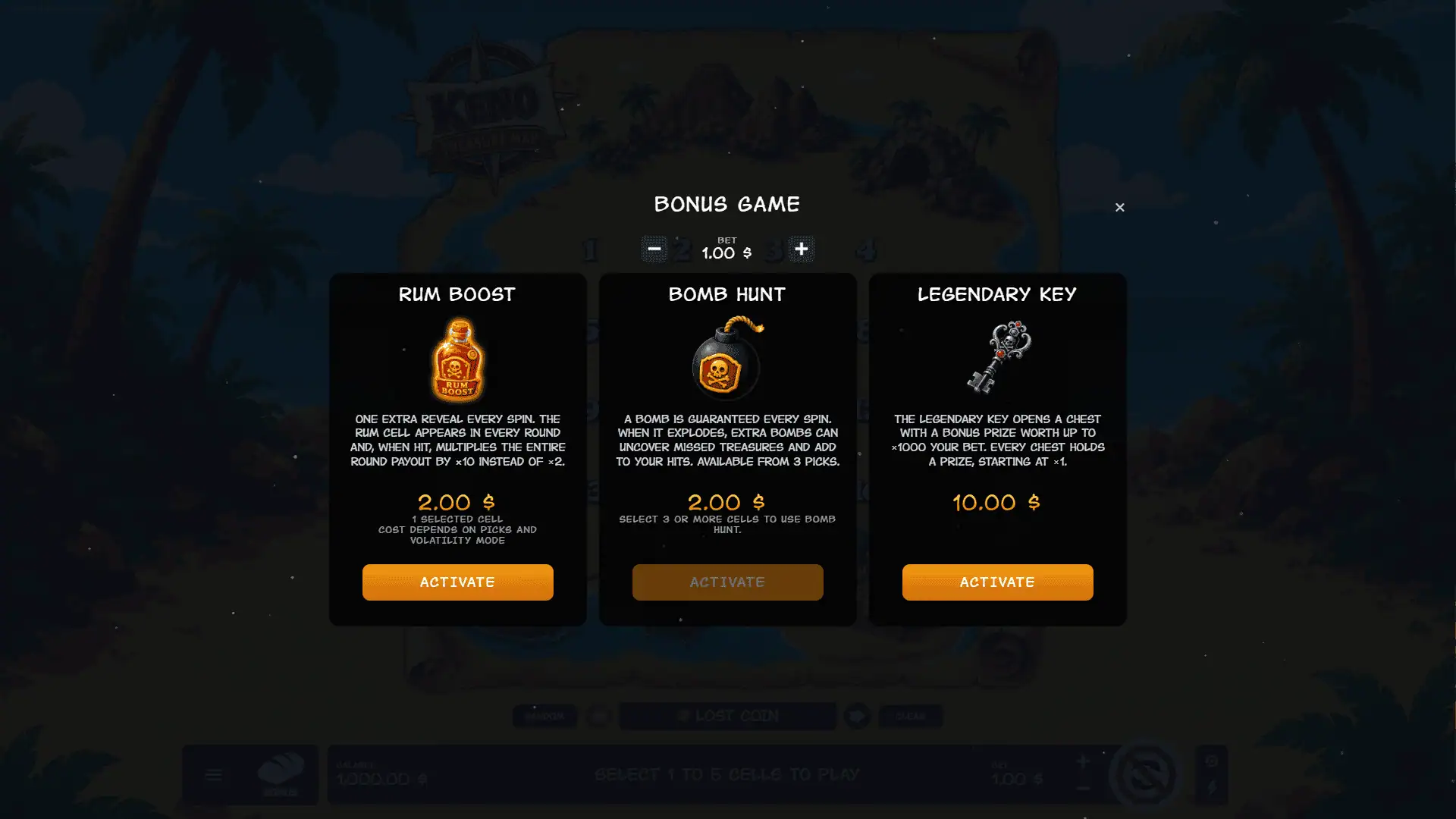 Keno Treasure Map bonus buy menu