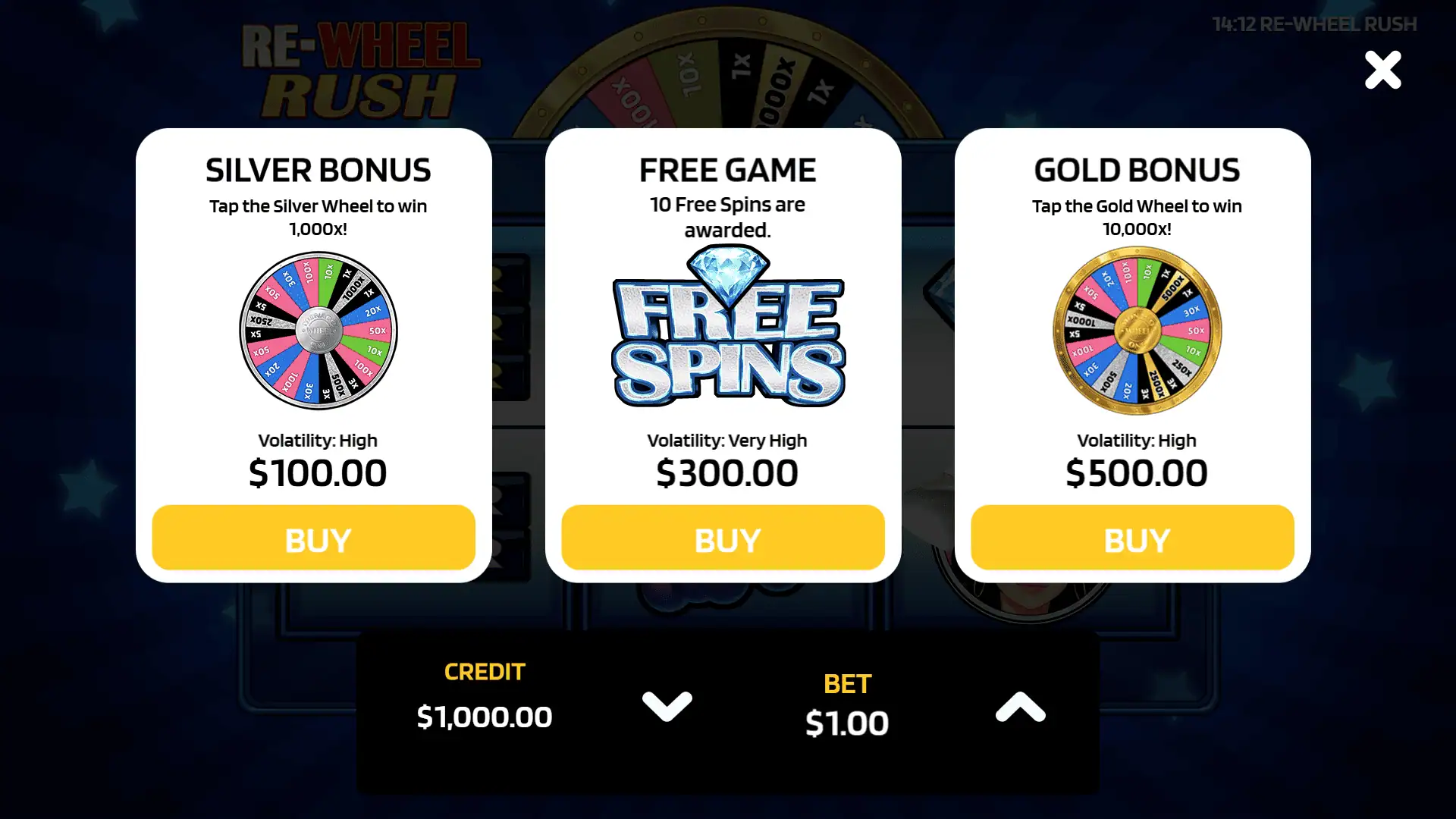 Re-wheel Rush bonus buy menu