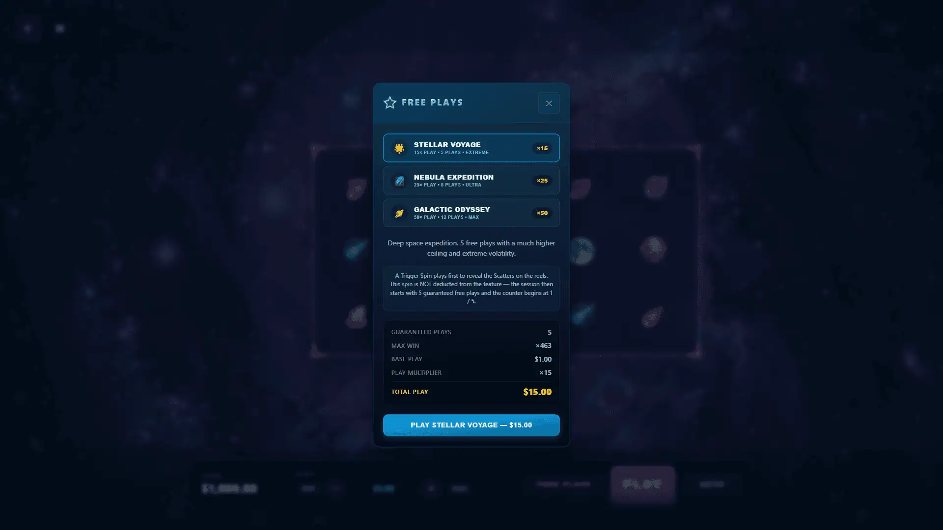 Stellar Spark bonus buy menu