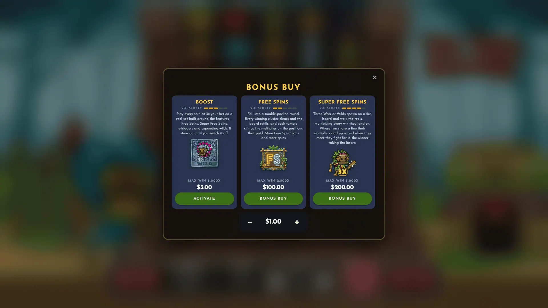 Tiki Taka Madness bonus buy menu