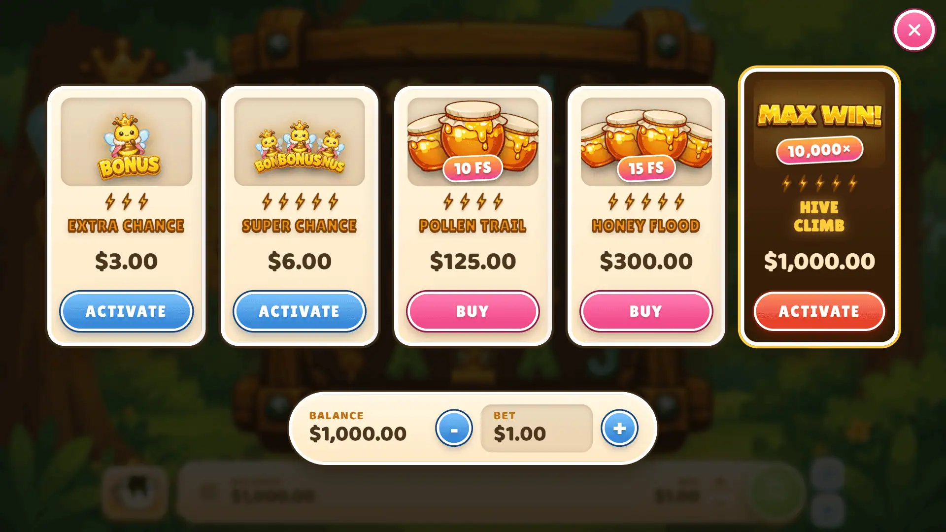 Hive Five bonus buy menu