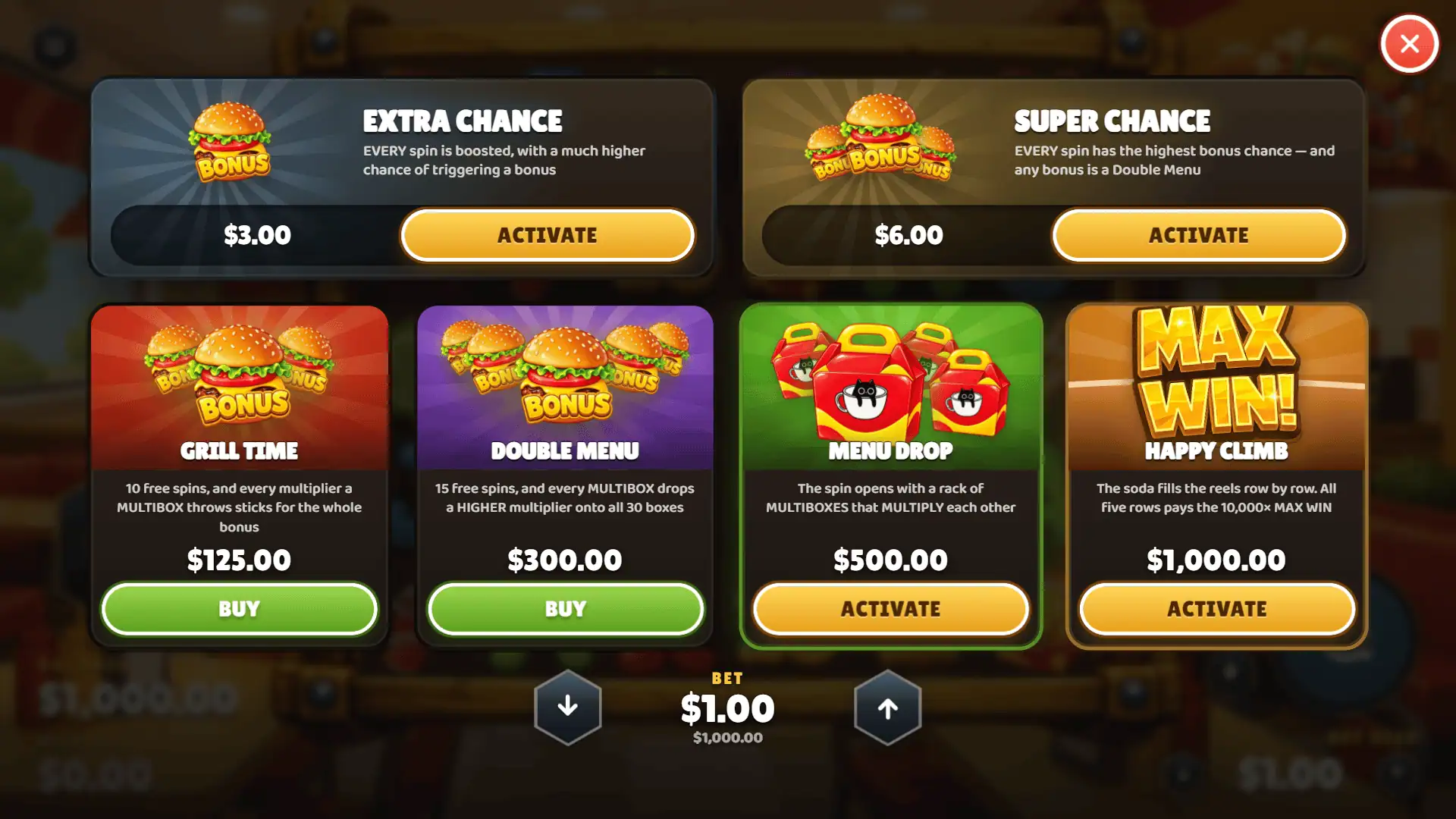 McRich Cluster Pays bonus buy menu