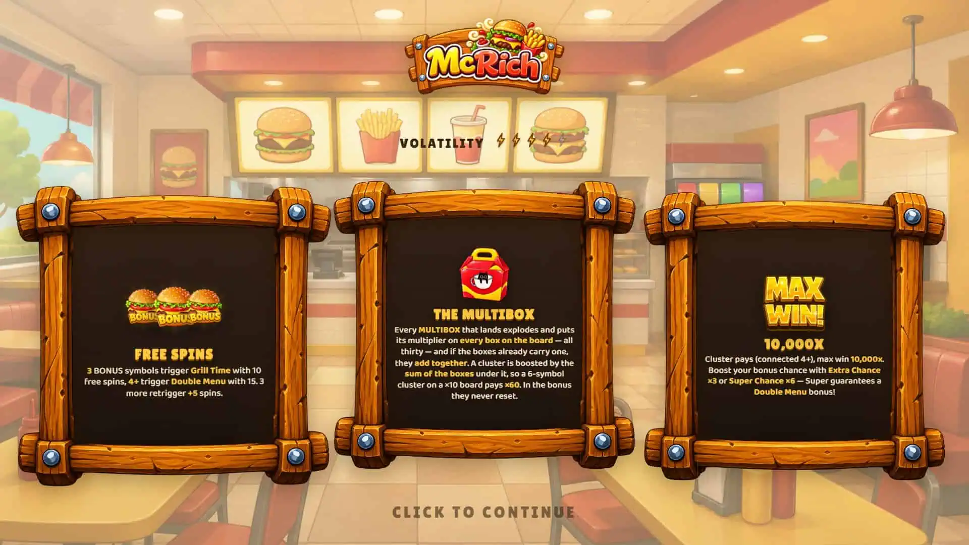 McRich Cluster Pays slot intro screen