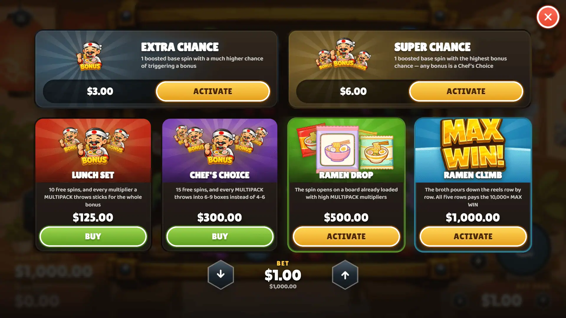 Ramen Riches bonus buy menu