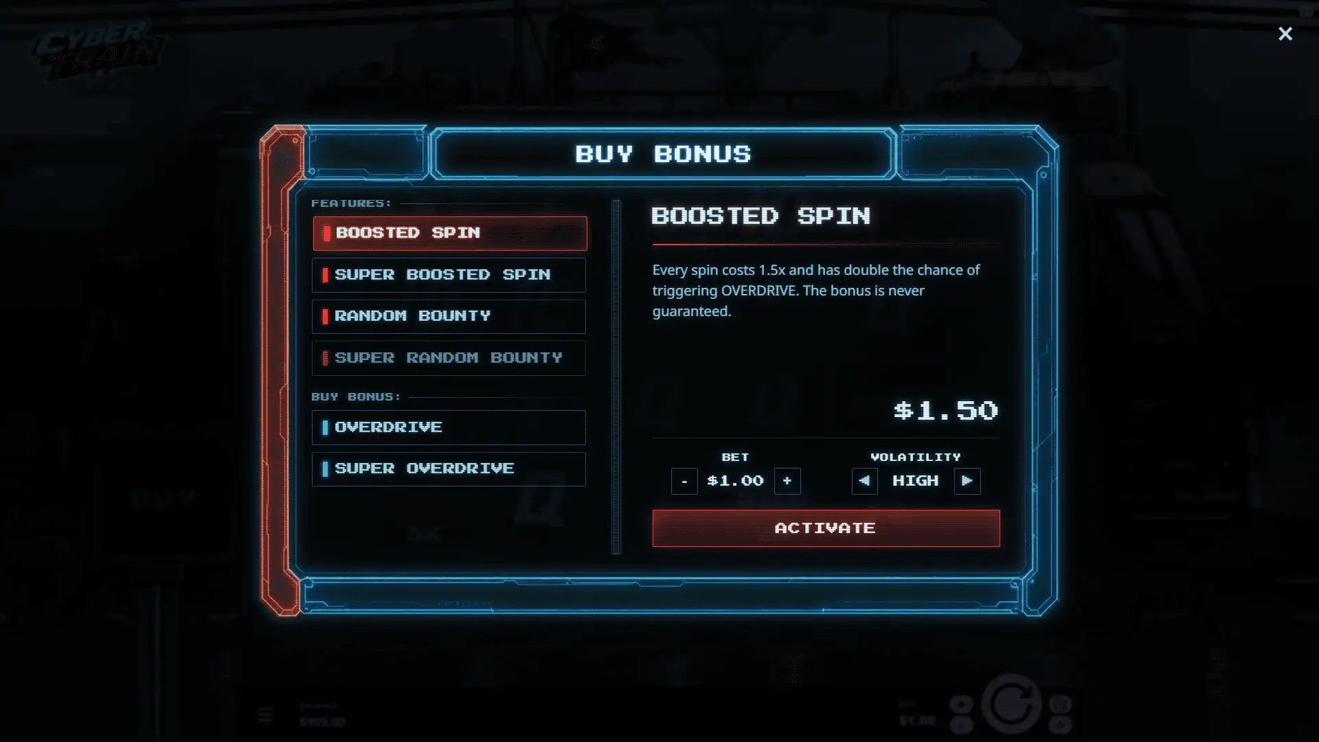 Cyber Train bonus buy menu