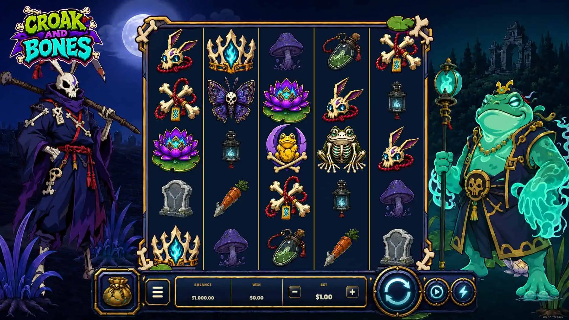 Croak and Bones slot gameplay reels