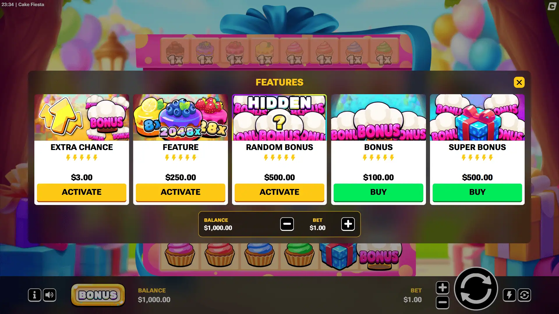 Cake Fiesta bonus buy menu