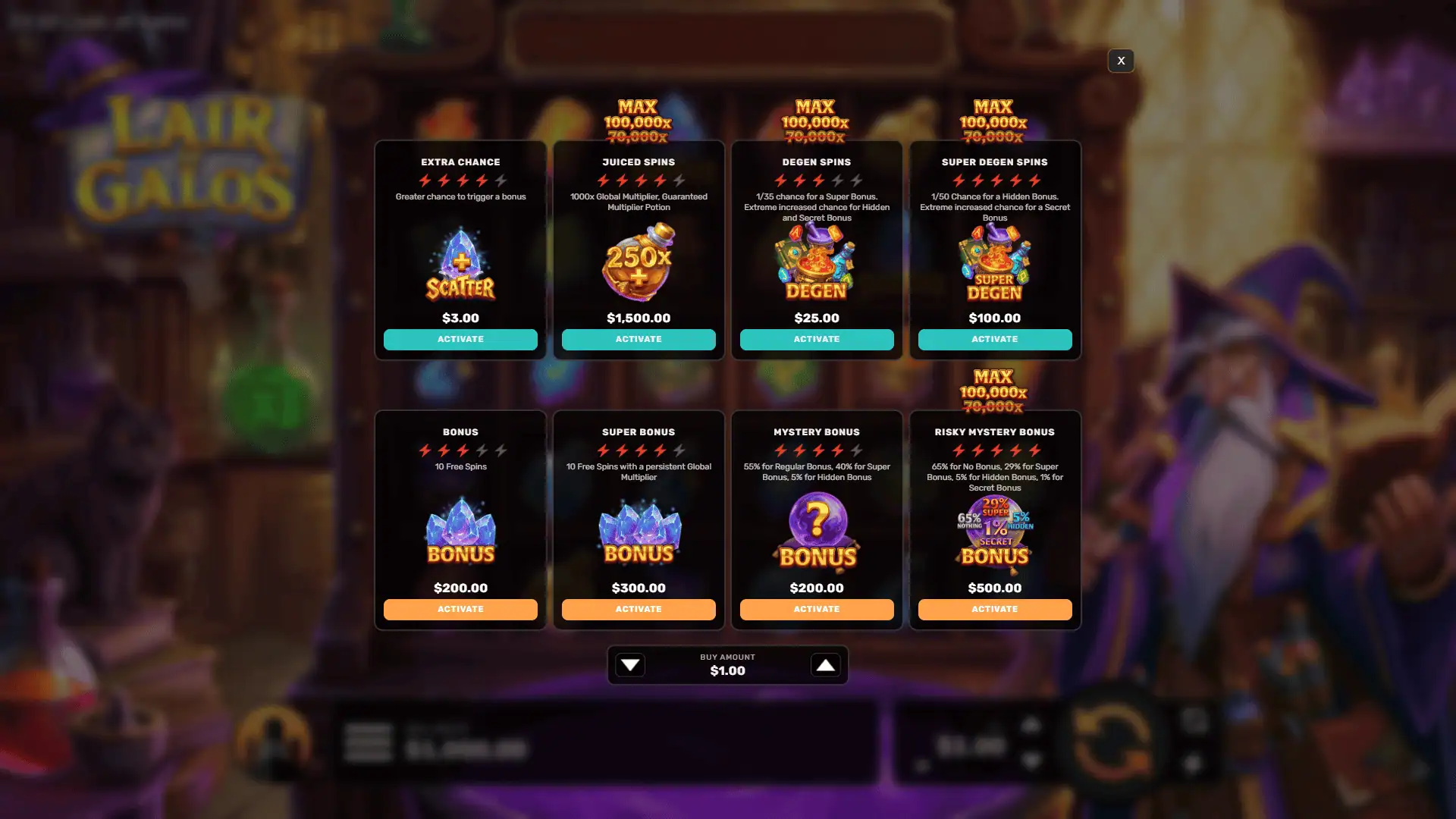 Lair Of Galos bonus buy menu