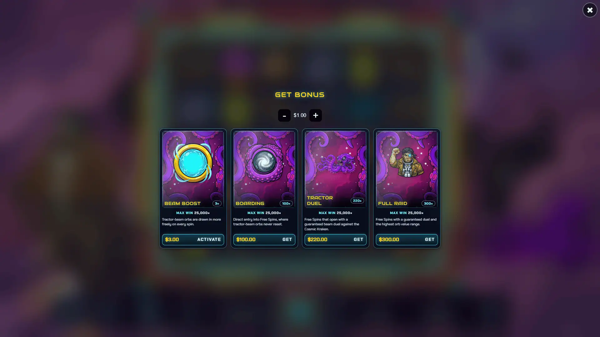 Nebula Raiders bonus buy menu