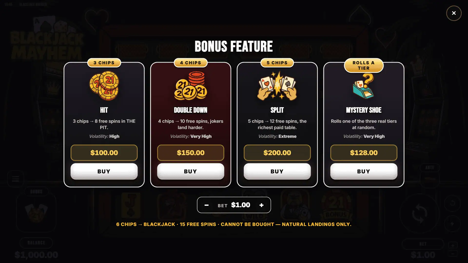 BlackJack Mayhem bonus buy menu