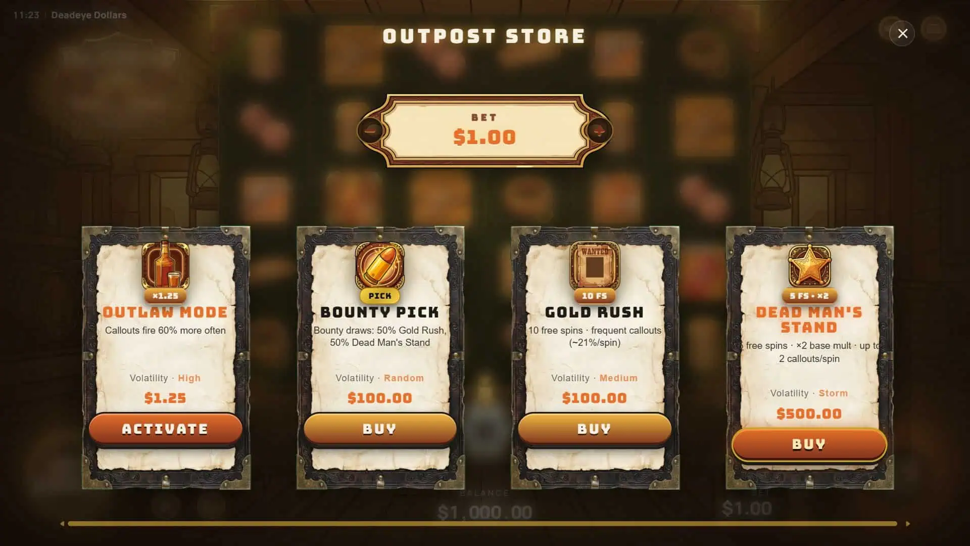 Deadeye Dollars bonus buy menu