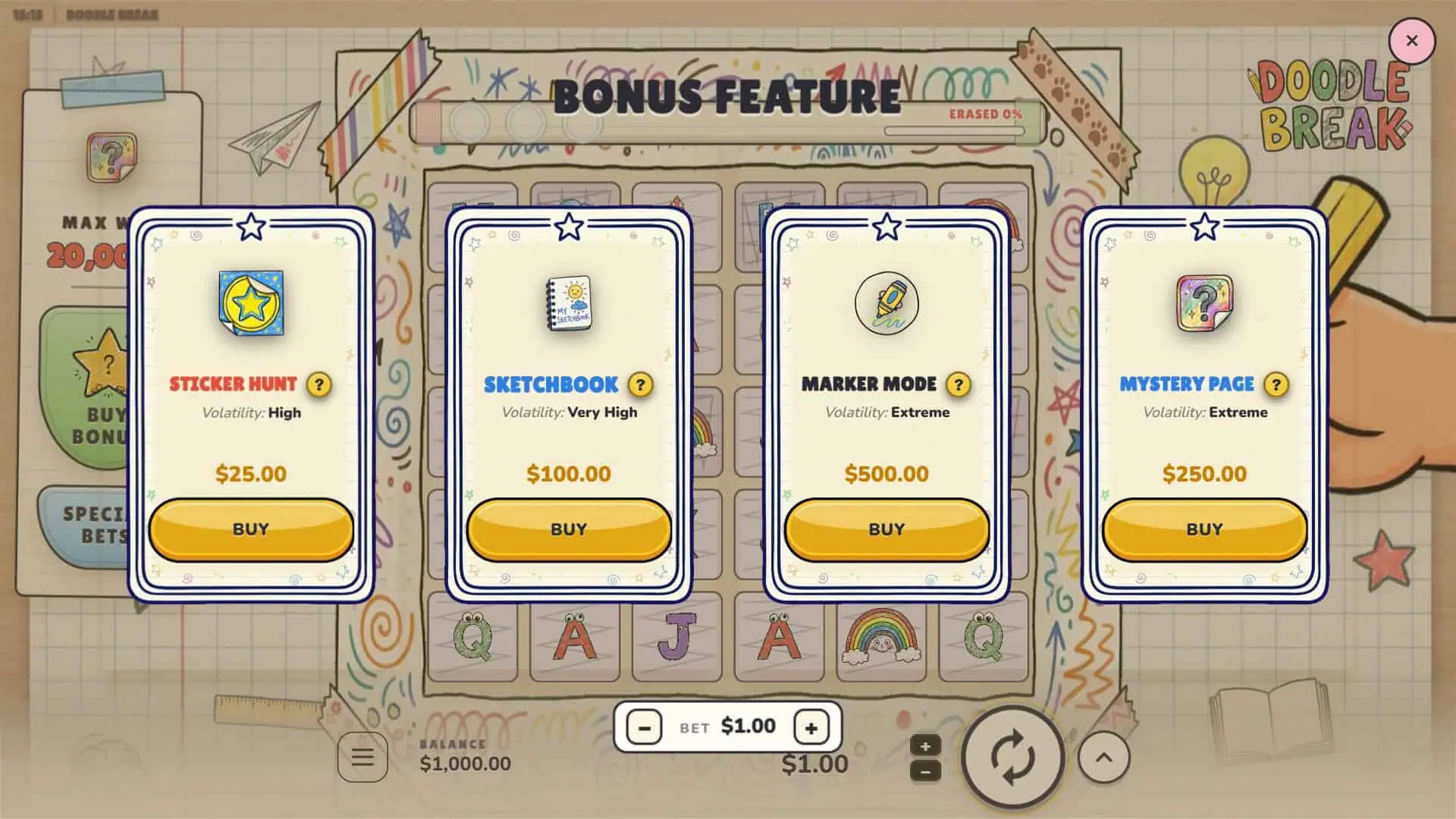 Doodle Break bonus buy menu