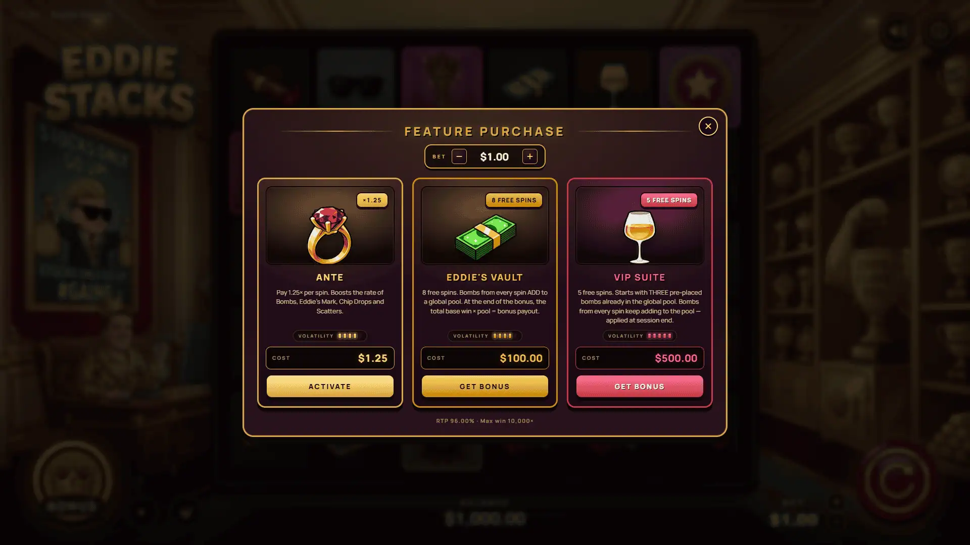 Eddie Stacks bonus buy menu