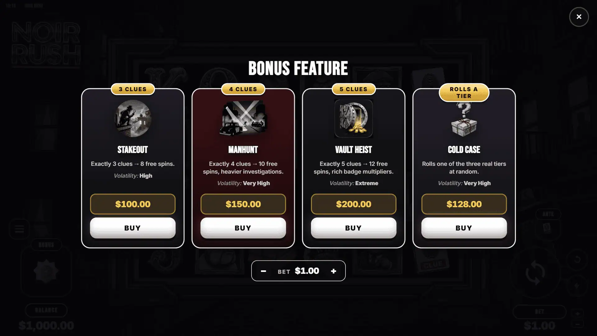 Noir Rush bonus buy menu